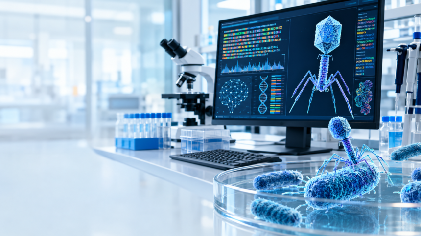 AI-designed virus research showing a bacteriophage genome in a laboratory