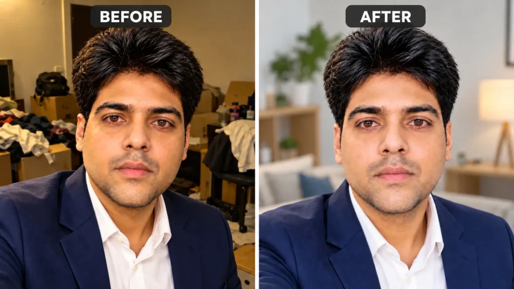 Before and after selfie with improved lighting from a selfie prompt in ChatGPT, a simple and effective edit
