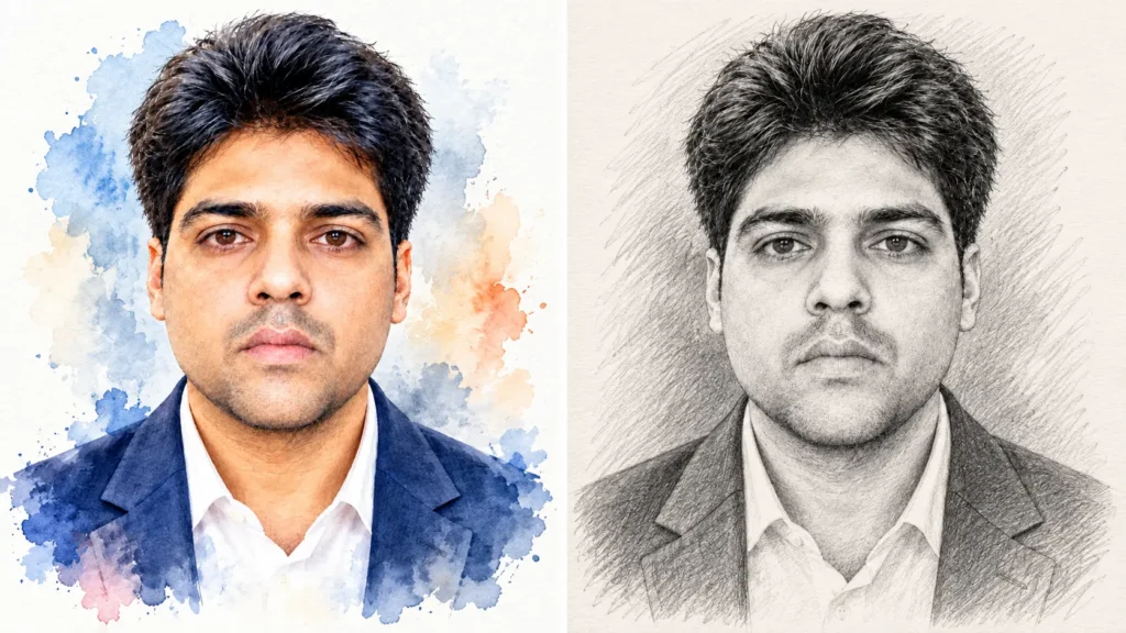 Watercolor and pencil sketch versions of one portrait made with prompts for ChatGPT, a beautiful side-by-side