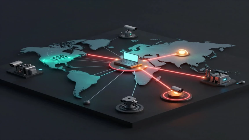 Glowing map linking IoT devices, cloud servers and laptops: a critical look at cyber security and emerging technologies